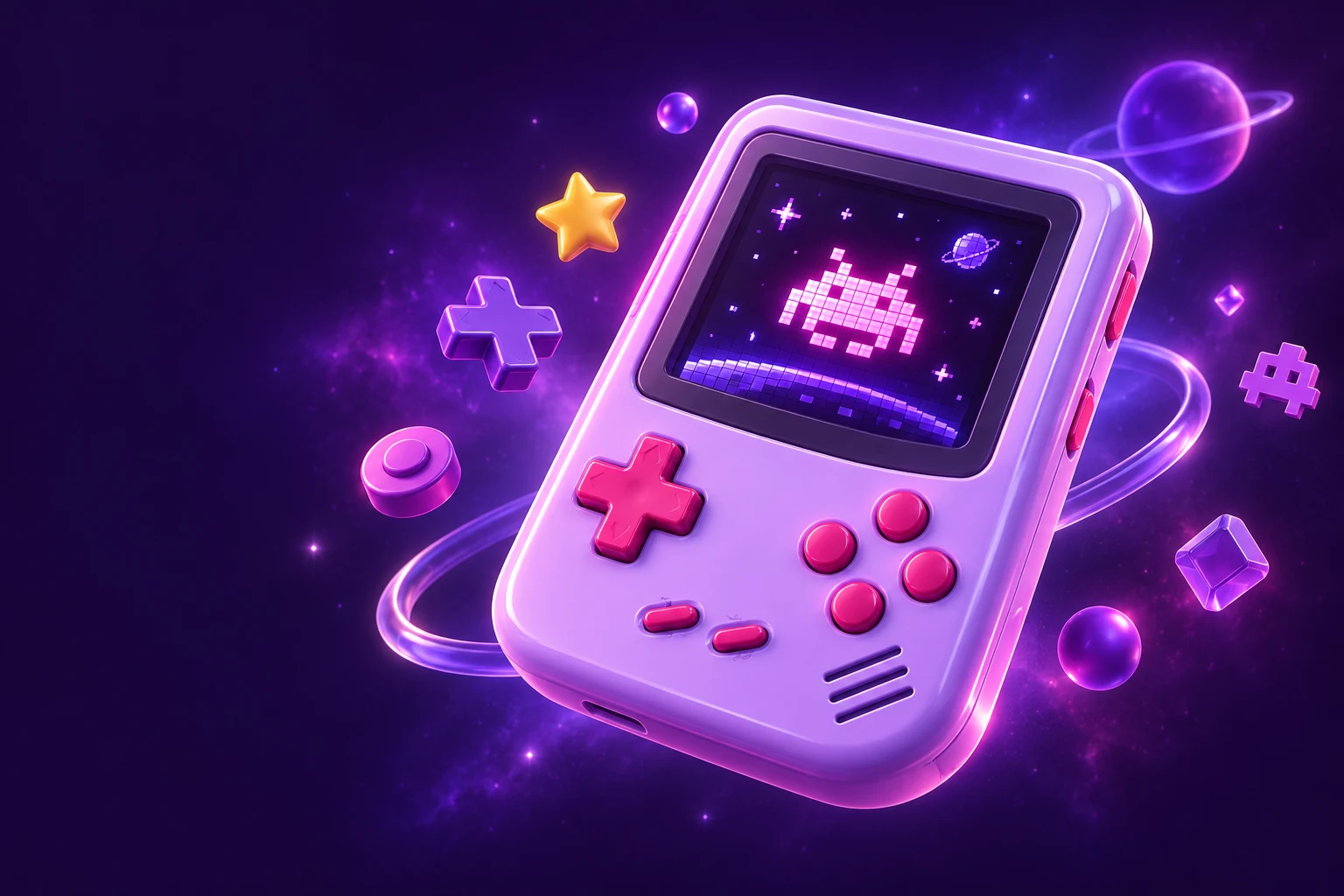 Konsol game retro tiga dimensi berwarna ungu dan pink, melayang di dunia arcade